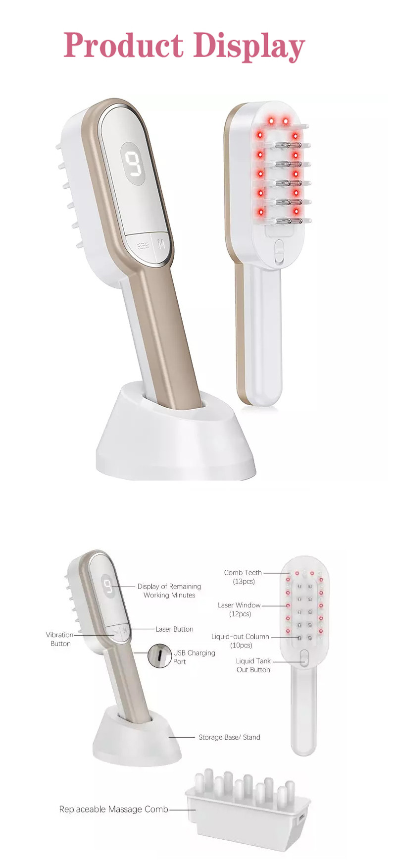 New Metal Teeth Design Hair Loss Treatment Ems Laser Vibration Massage Electric Hair Regrowth Comb With Liquid Guide