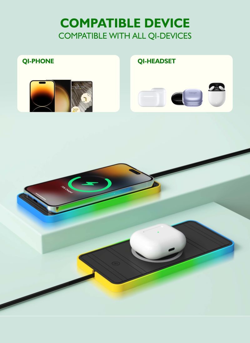 Apple and Samsung Compatible Car Wireless Charging Pad 2 in 1 USB Wireless Car Charger 15W Fast Charging