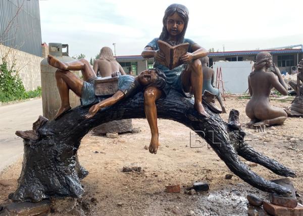 BLVE Bronze Girl And Boy Reading Statue Life Size Children Sculpture Art Metal