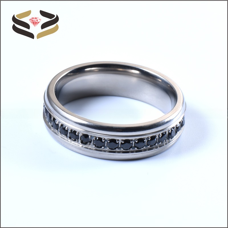 Women Titanium Wedding Rings 6mm With Black Cubic Zirconia Inlay