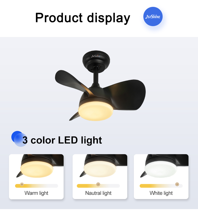 20 Inch 3 Black ABS Blades Remote LED Ceiling Fan with 3 Color LED Light and DC Motor