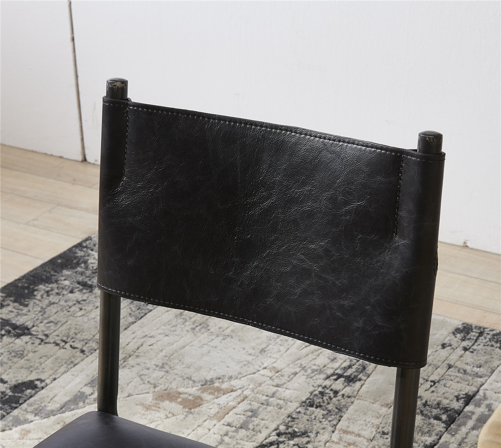 Vintage Top Genuine Black Leather Padded Dining Room Chairs Steel Frame European Style