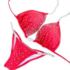 China Rhinestone Red NPC Bikini Competition Suits Handmade Design With Crystals on sale