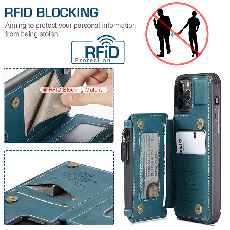 PU Leather Wallet Cover for iPhone 14 15 Pro Max Zipper and Card Slot Closure