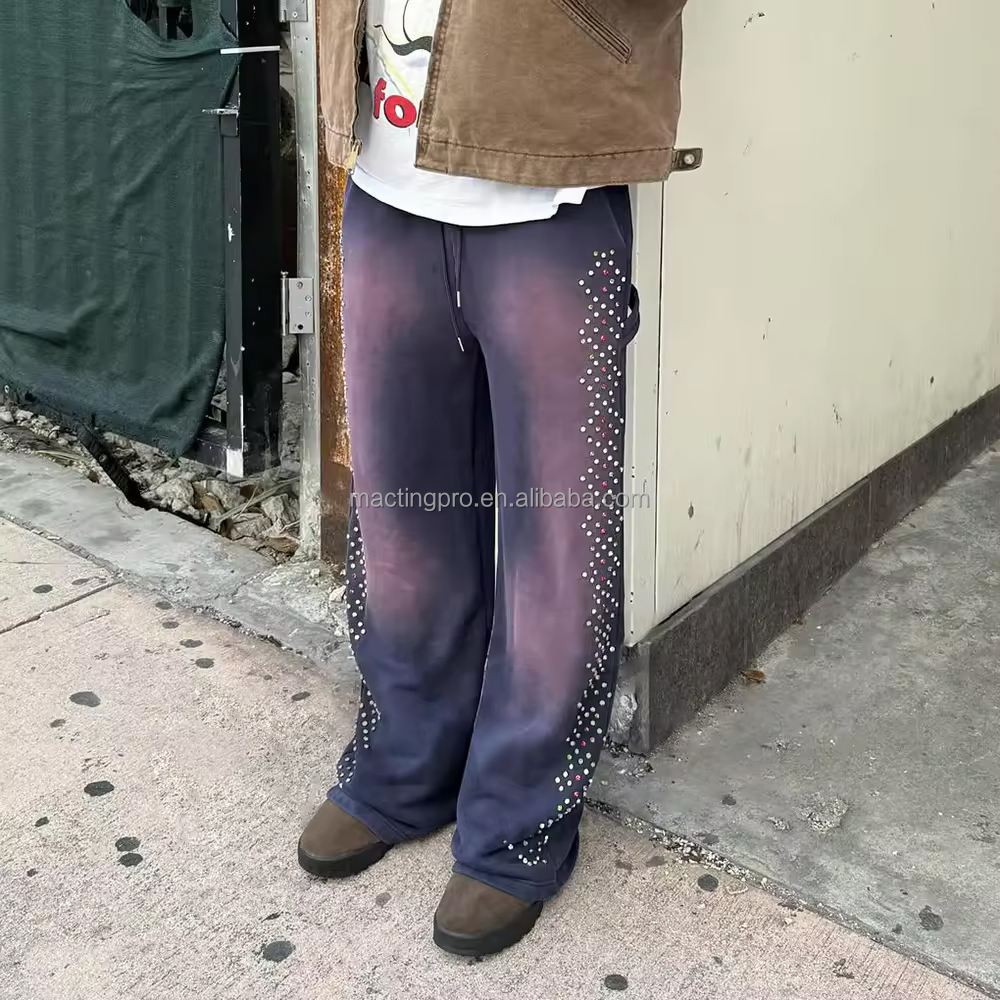 Sun Faded Acid Wash Custom Joggers Cotton Baggy Sweatpants with Crystal Decoration