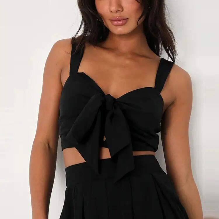 Crinkle Woven Rayon Black Sleeveless Tie-Front Two-Piece Dress Smocked Crop Tank Top and High Waist Long Skirts Suits