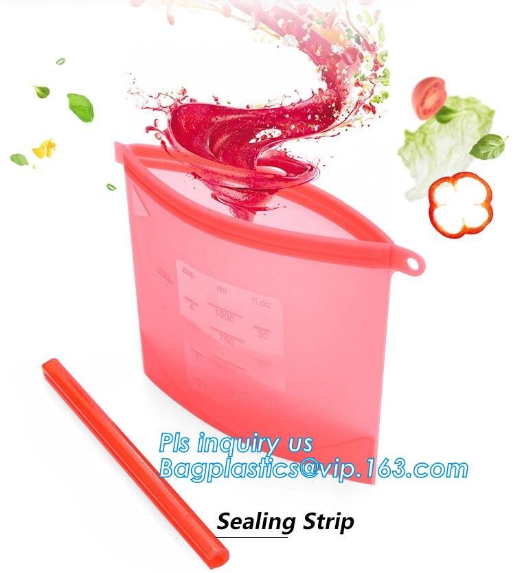 Storage preservation reusable silicone food bag,FDA reusable silicone storage food bag with Zip lockk in microwave bagease