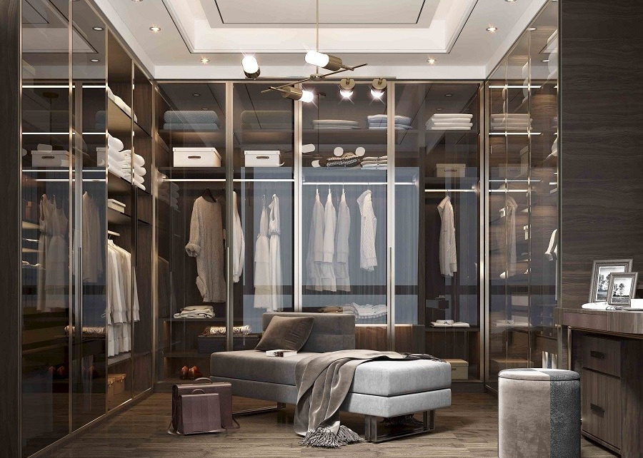 Blum 6x8 Walnut Walk In Closet Wardrobe Design With Glass Door Lighting SGS