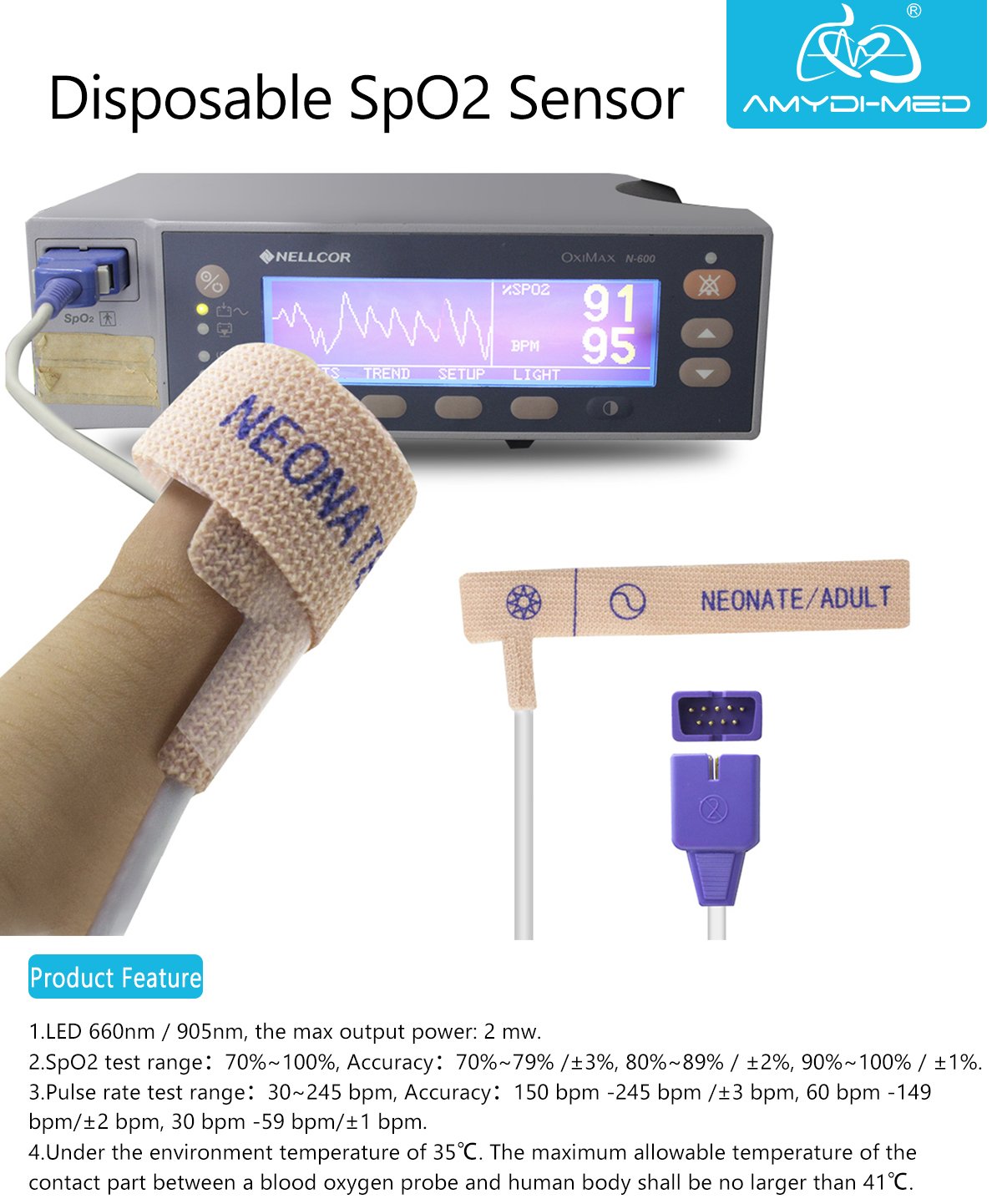 GB9706.1-2007 Medical Materials Accessories Customization Spo2 Sensor for Nellcor Max DB9 9Pin Neonate Adult Disposable