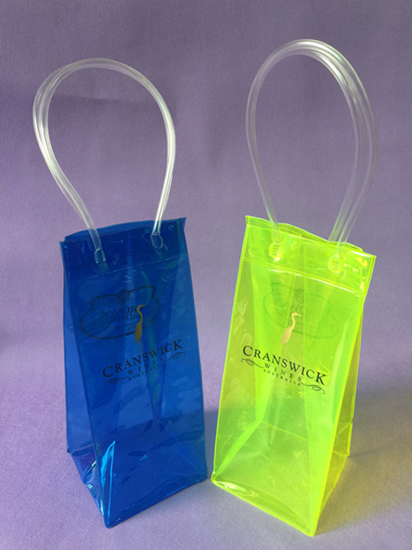 Colorful Handle Plastic Wine Bottle Cooler Bags , Customized PVC Wine Ice Pack Bag