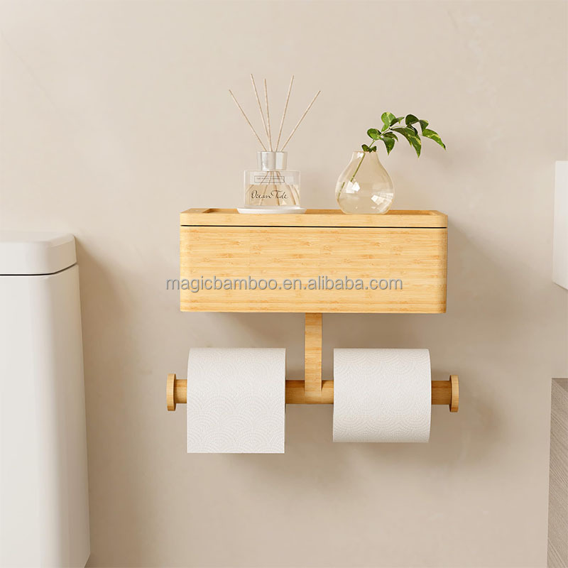 3 In 1 Bamboo Bathroom Storage Rack Wall Mount Toilet Paper Holder OEM