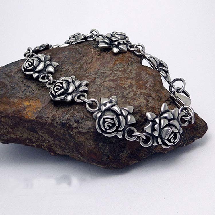 925 Silver Plated Titanium Stainless Steel Vintage Old Rose Link Bracelet (CE123)
