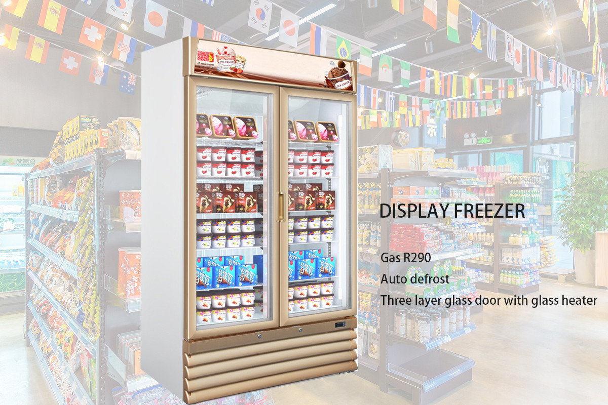 800L Glass Double Door Upright Display Freezer