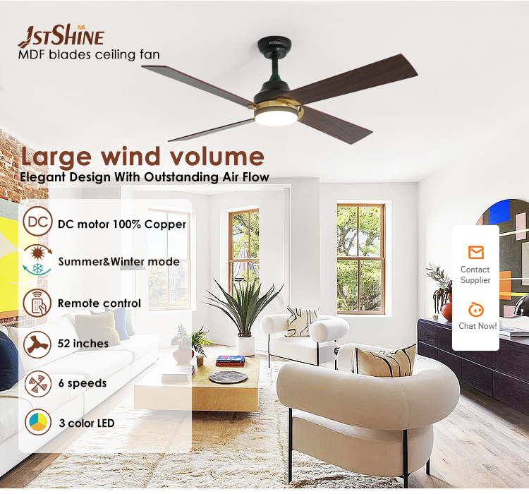 Smart remote control 52 inches 6 speeds MDF black ceiling fan with Metal body material