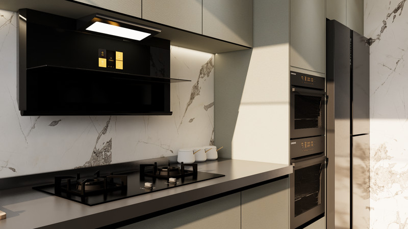 Sleek And Functional Green Bean Grey L Shape Kitchen Cabinets Modern Style