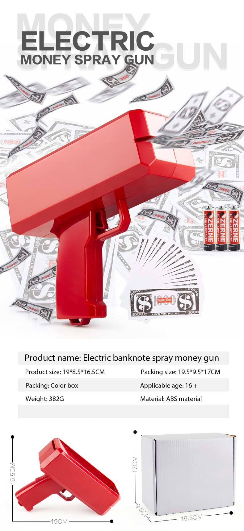 Make it Rain Money Gun Handheld Spray Cash Gun with 100 pcs for Game Movies Party Supplies