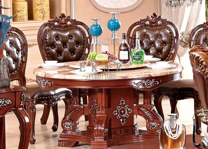dining room round dining table marble top wooden carved