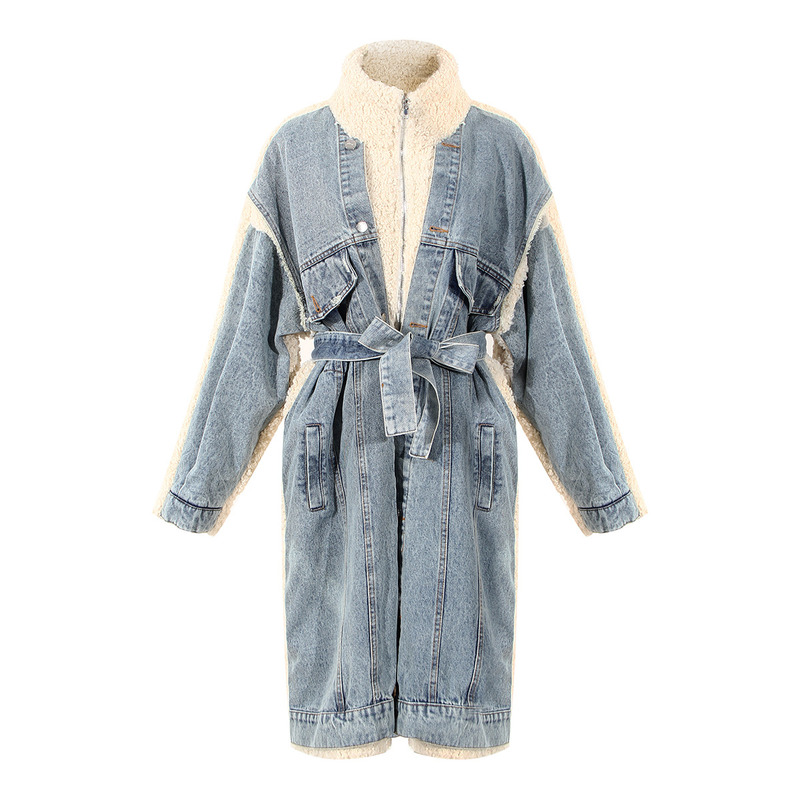 Waterproof Fashion Denim Lambswool Quilting Coat 2020 Winter Lambswool Loose Thickened Jackets Long