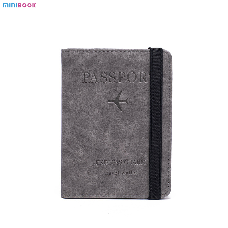 Leather Passport Cover Case Stamping Simple Plane for Travel Document and Credit Card