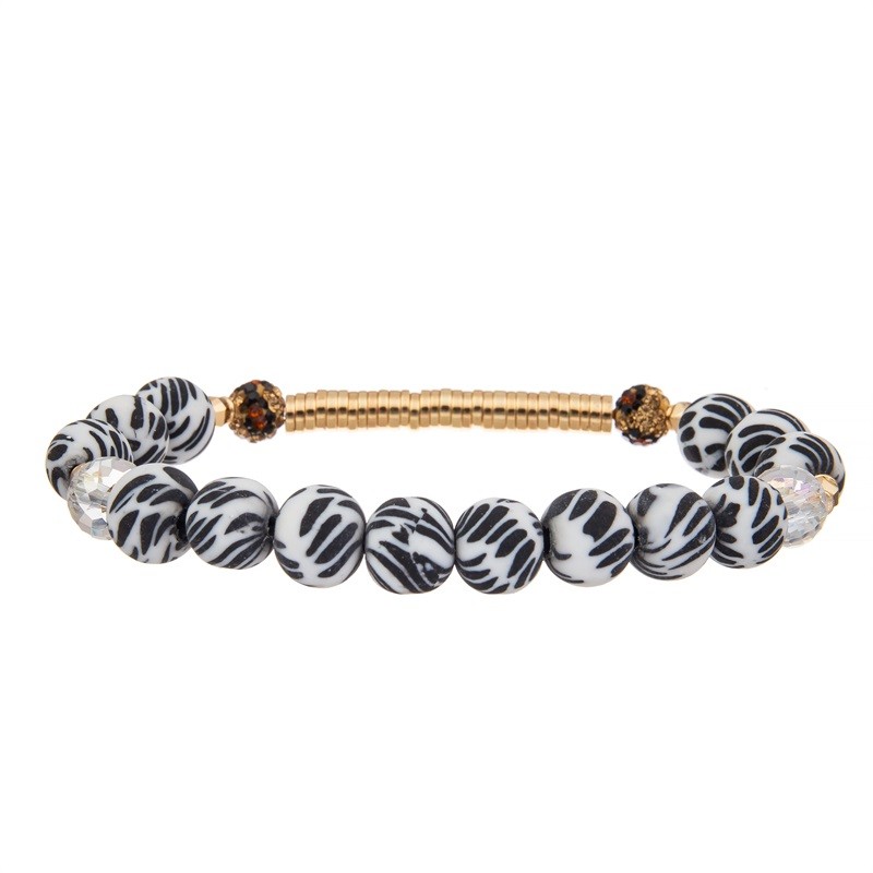 Zebra Stripe Silica Beads Gold Metal Bar Handmade Stretchy Bracelet Set Mulit Color
