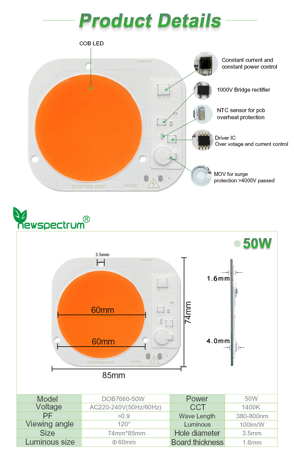 240V COB LED SMD Energy Efficient