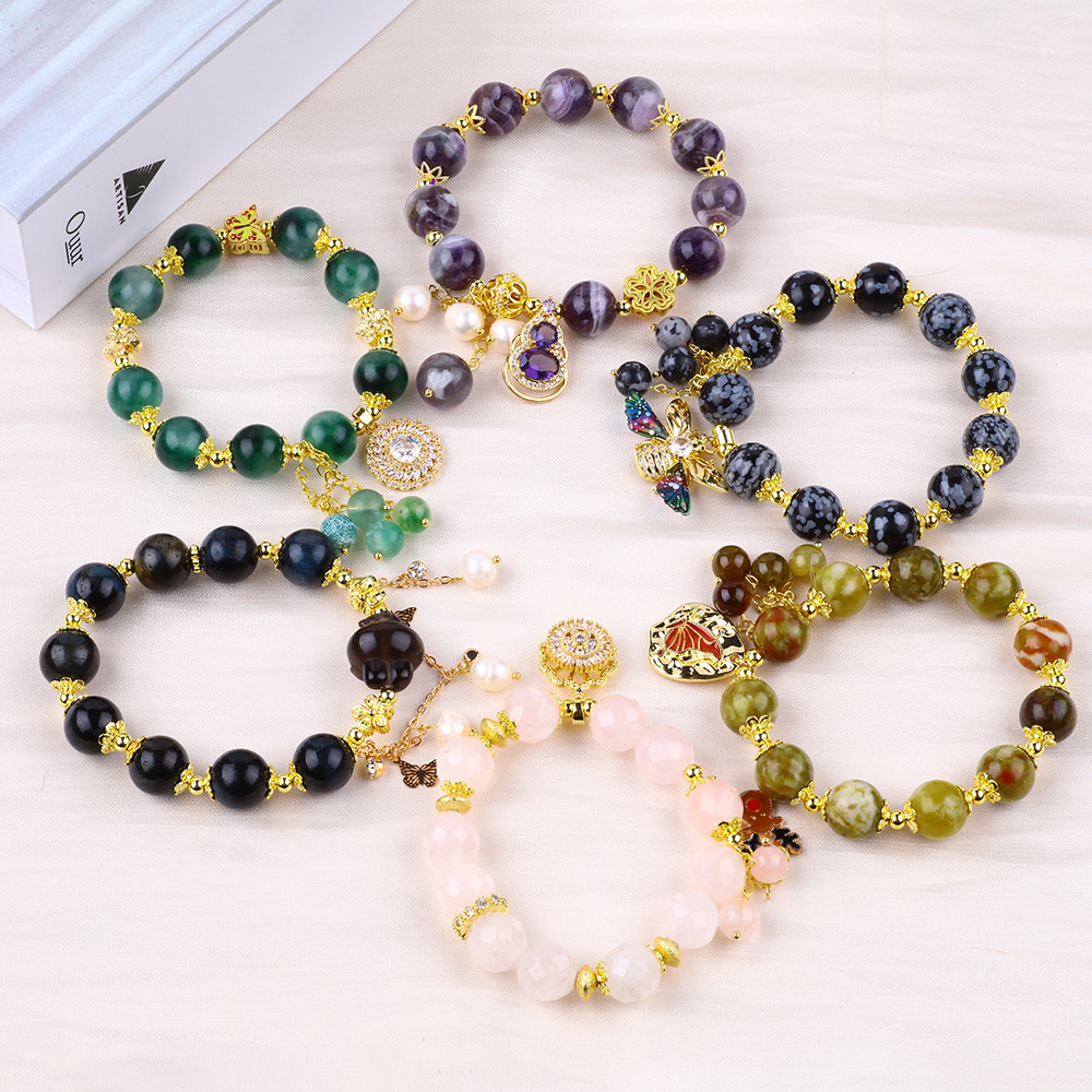 Handmade Gemstone Beaded Bracelet Natural Ink Blue Tiger's Eye Adjustable Peal Charm Bracelet For Party Daily Wearing