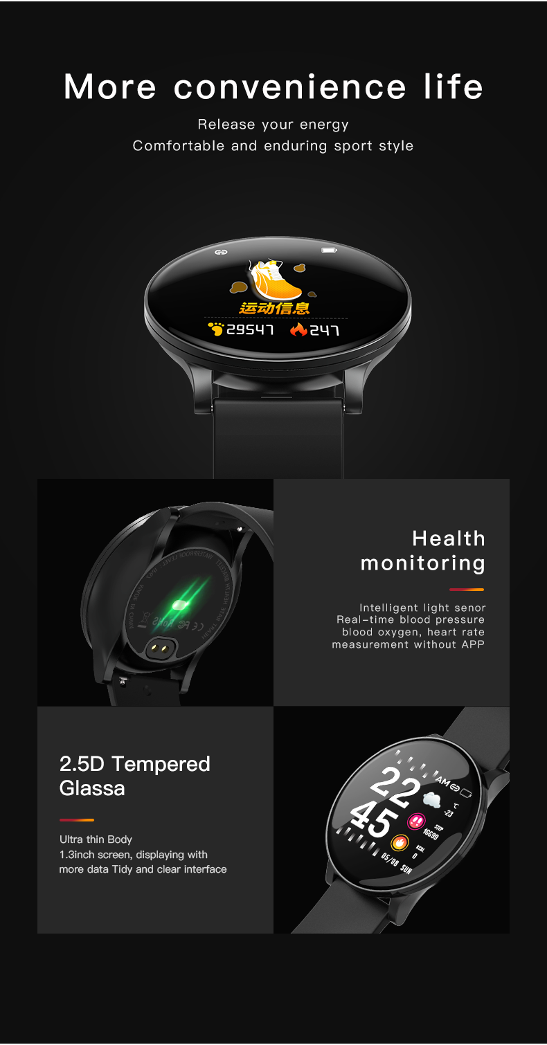 T500 W8 V8 Smart Watch Waterproof Health Exercise Bracelet Sleep Tracker chronograph