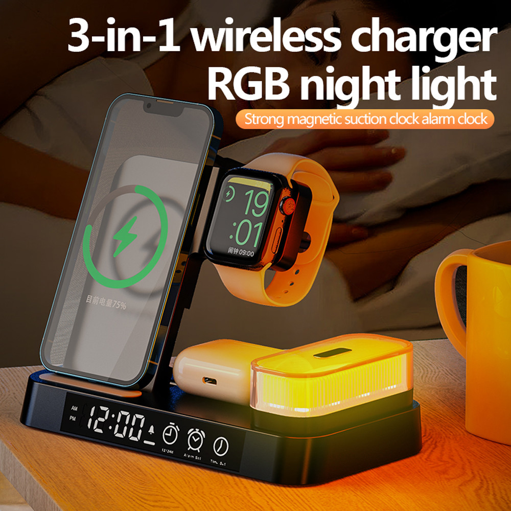 Qi 3 In 1 Fast Wireless Charger Stand Nightlight 30W For Watch 7 Airpods Pro