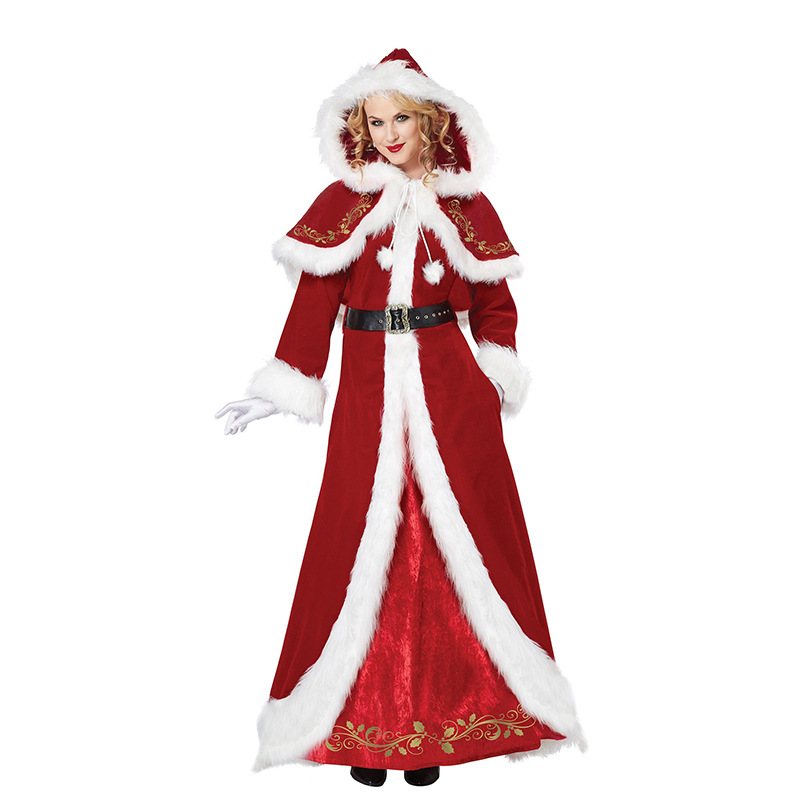 Adult Women's Christmas Costume Russian Red Queen's Long Dress with Hooded Shawl
