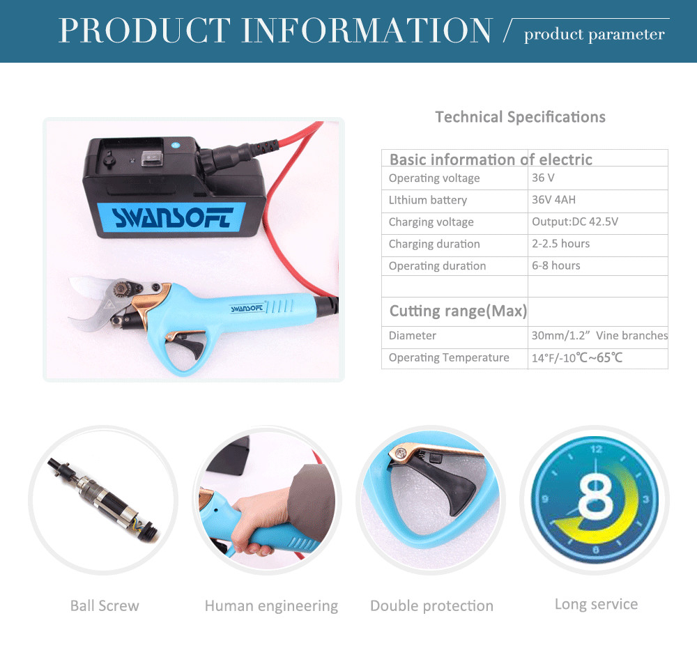 Swansoft 800g 3.0CM Electric Bypass Pruner Fruit Orchard Pruning Shear 36V 4AH