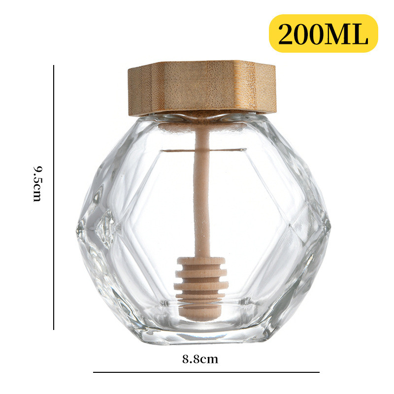 380ML Glass Honey Hexagon Jar With Wooden Cover And Wooden Splash Bar