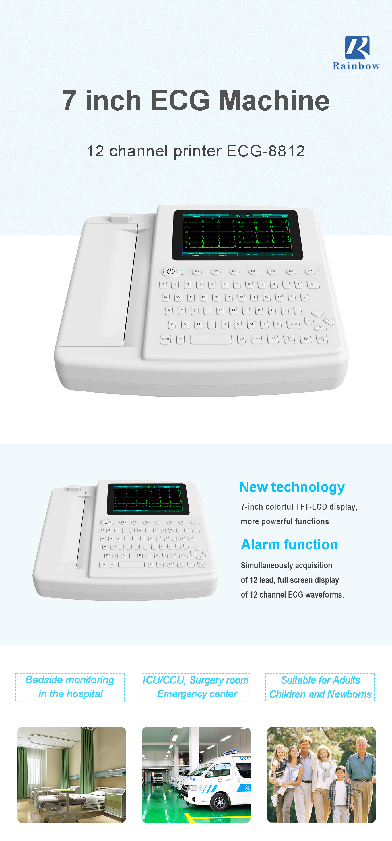Hospital Color TFT Touch Screen Electronic EKG ECG Machine 7 Inch