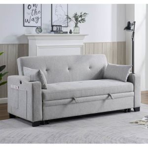 Queen Size Convertible Sleeper Sofa Bed, Comfortable Pull-Out Bed with Adjustable Backrest and USB Charging Port and Cup Holders, Futon Sofa Bed, Gray Fabric