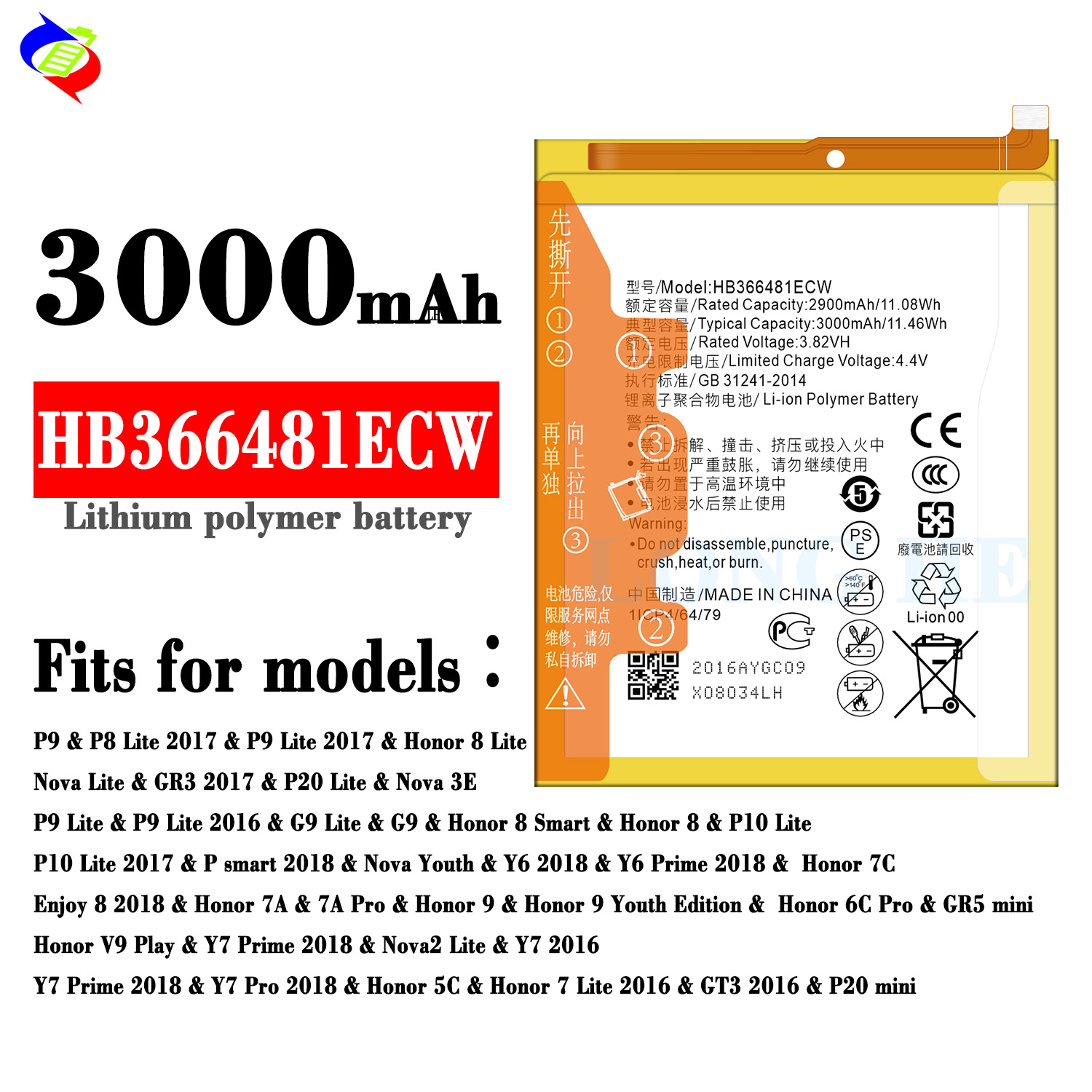Original Replacement Battery HB366481ECW for P20lite Huawei P9Llite Y6 2018 Y7 2018 3000mAh 3.82V