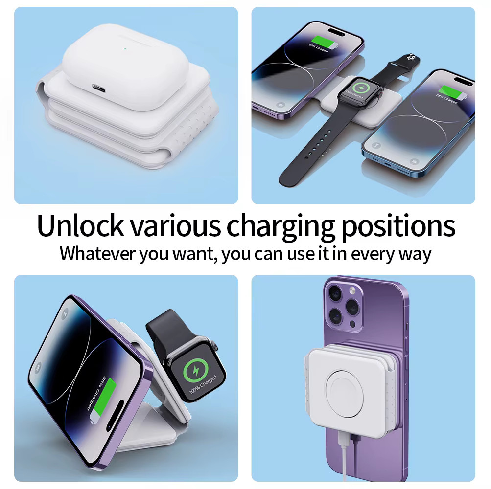 Magnetic 3 In 1 Foldable Wireless Charger iPhone 12-15 15w Fast Wireless Charging Stand Station Portable Wireless Chargers