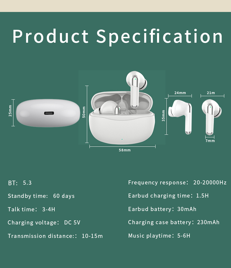 Digital Display TWS Headset with JLAC7003 Chipset and Active Noise Cancellation ANC