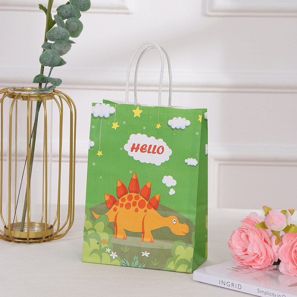 Brown Kraft Paper Dinosaur Hand Printed Cartoon Shopping Bag for Clothing in Shopping Mall