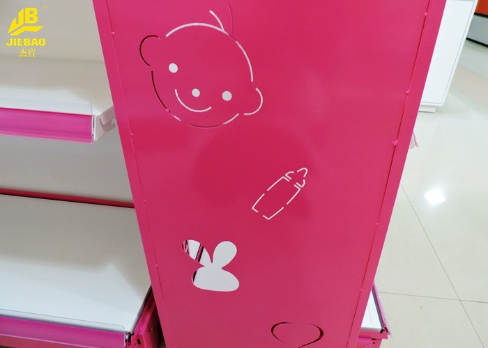 Pink Color Grocery Display Racks With Laser Cartoon Side Panel 1.4M High Steel