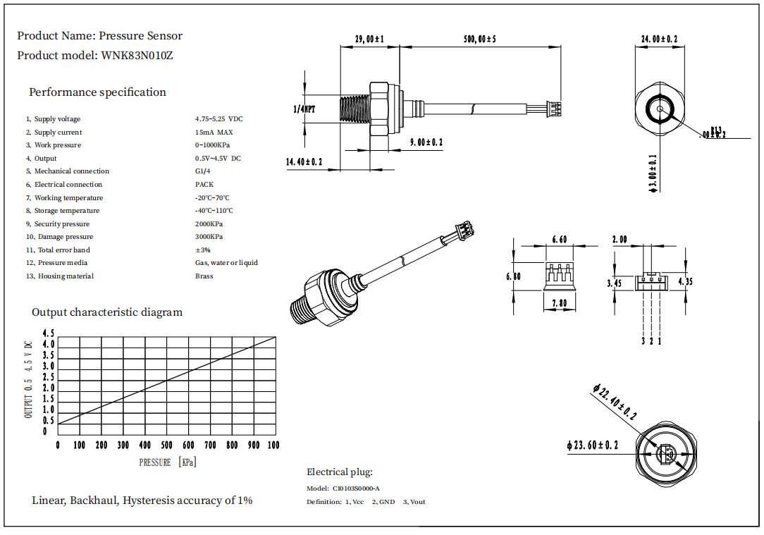 Brass Electronic Water Pressure Sensor , 10 Bar 20 bar 1 4 Npt Pressure Sensor