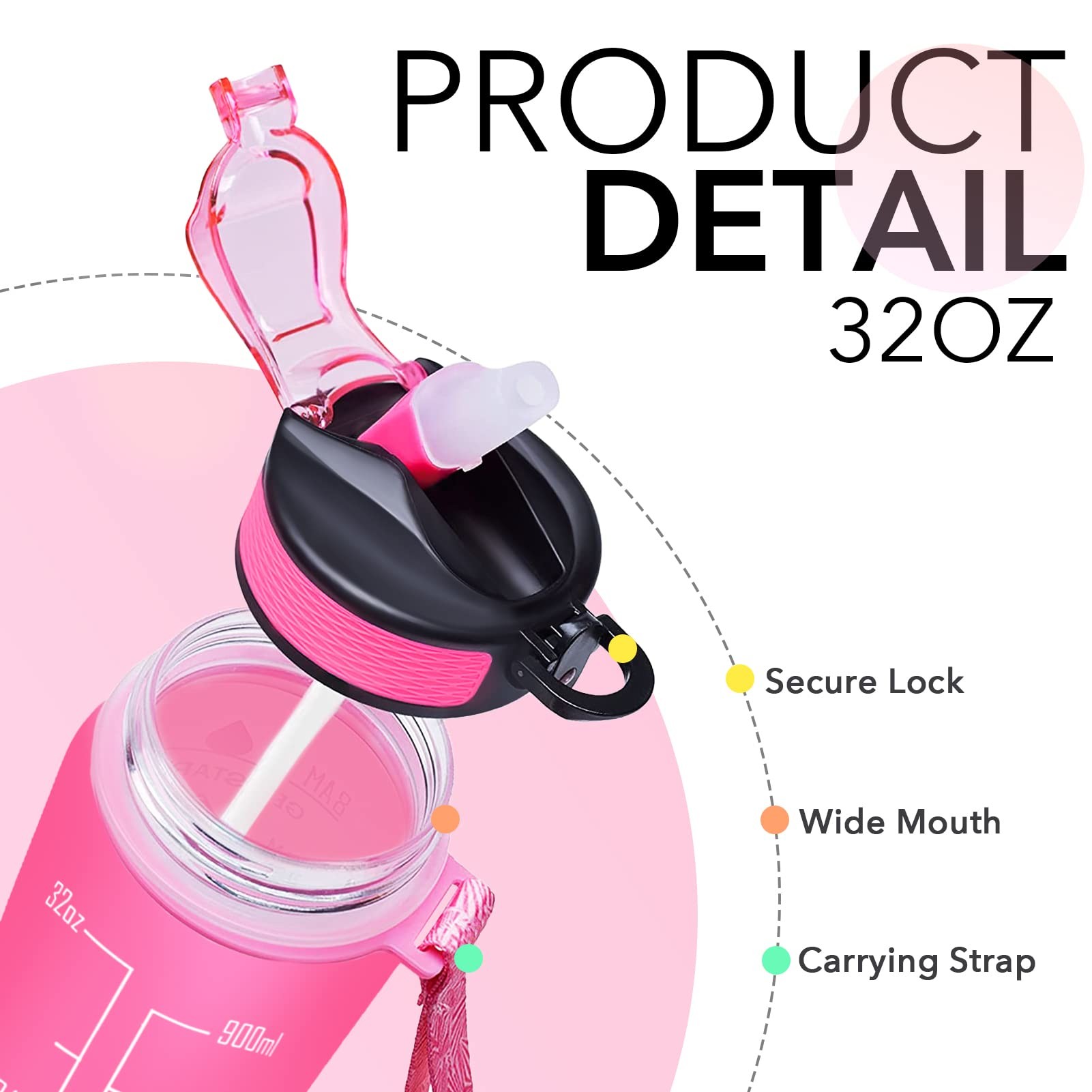 Leakproof BPA Free Personalized Motivational Drinking Water Bottle With Hourly Markings & Straw To Ensure You Drink Enough Water Throughout The Day