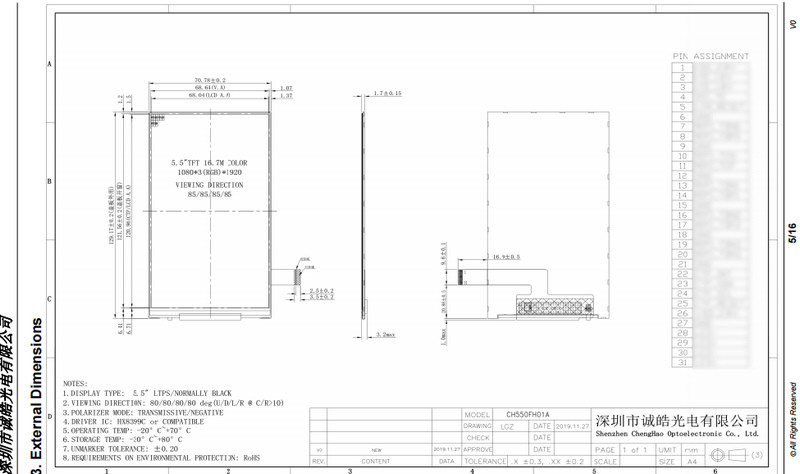 High Definition Color LCD Display 5.5 Inch 1080x1920 LTPS TFT