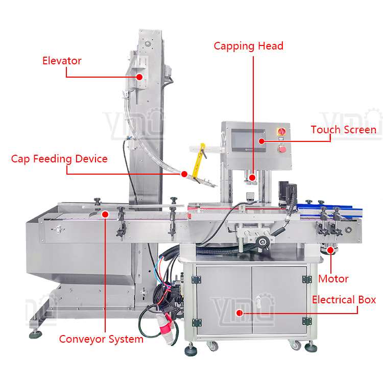 YIMU CM140 Automatic Pet Shampoo Bottle 4 wheel Capper Pressing Screwing Capping Machine With Vibrating Cap Feeder