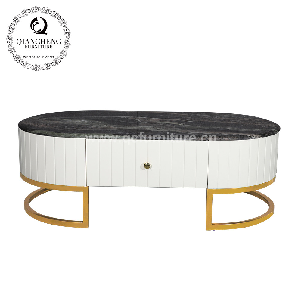Metal Frame Marble Living Room Table With MDF Cabinet 130x70x44cm