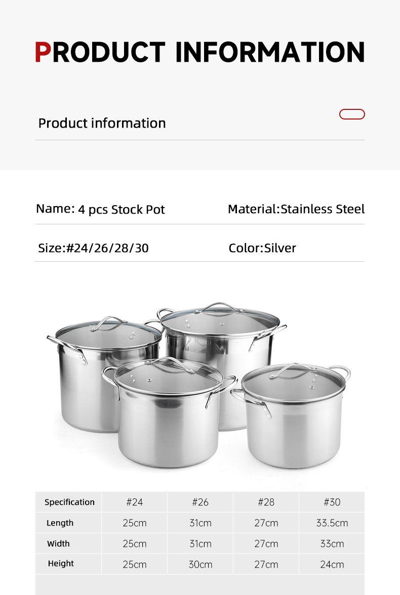 Factory Price Silver Large Capacity Cookware Stew Pots Cooker Stainless Steel Heavy Duty Cooking Pots