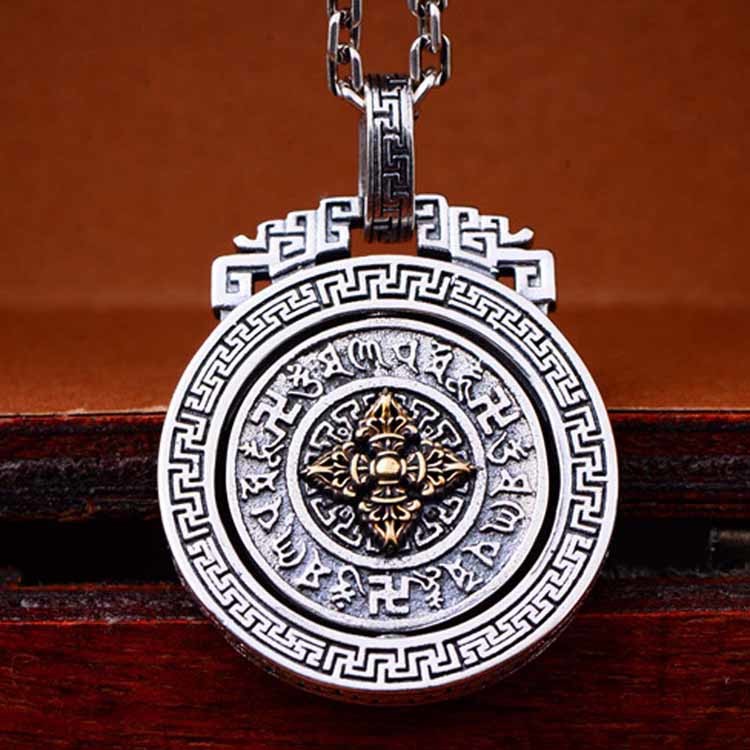 Sterling 925 Silver Vintage Buddhism Blessings Charm Pendant Necklace for Women Men (060396)
