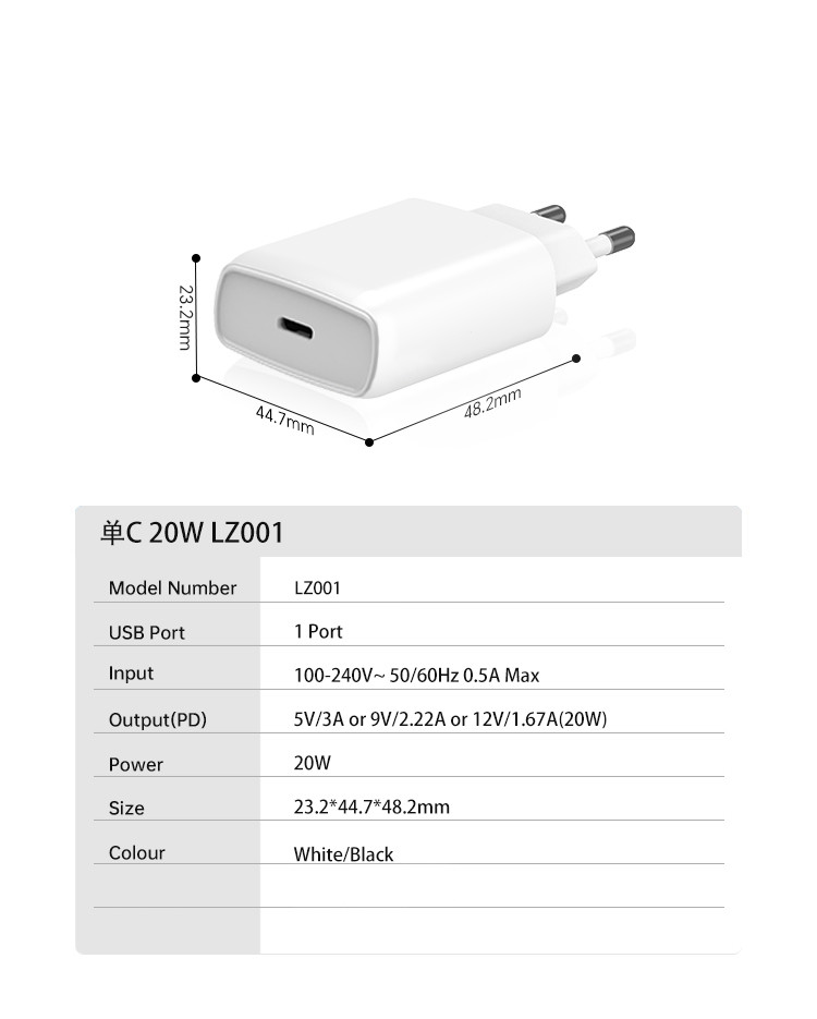 20W EU plug GaN Quick Charging USB C Phone Charger Adapter Wall Charger Customized