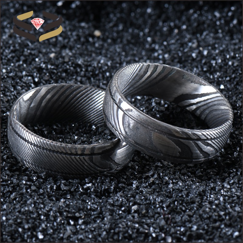 Men Black Damascus Steel Ring 8mm Double Groove for Engagement Wedding