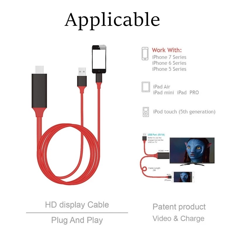 2M 4K UHD HDMI Cables 8 Pin 1080P Lightning Digital AV Adapter For Iphone