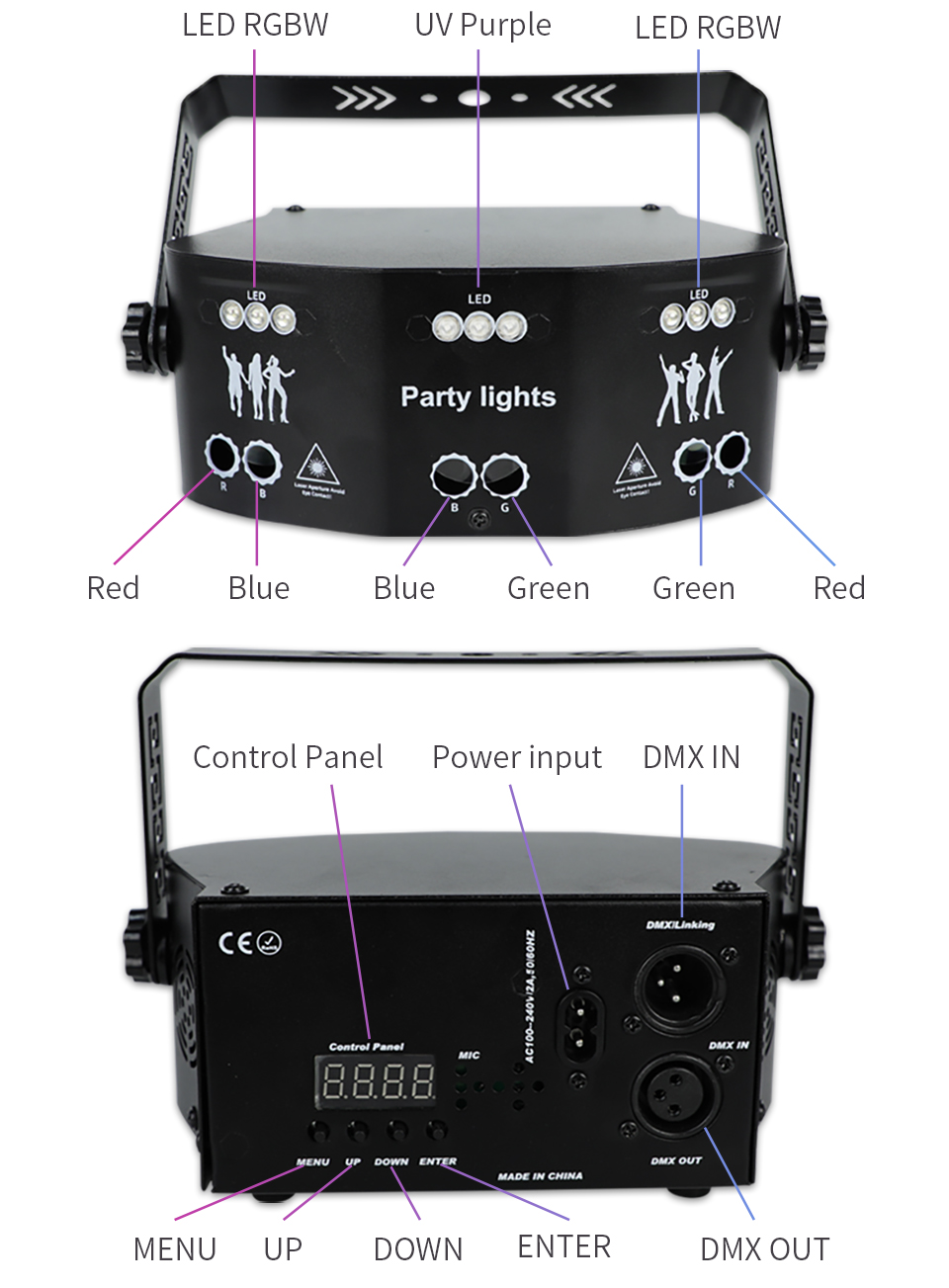 15 Eyes RGB Party Lights Stage Light by DMX512 Control Sound Activated LED Pattern Strobe Lights for Parties Club Bar Di