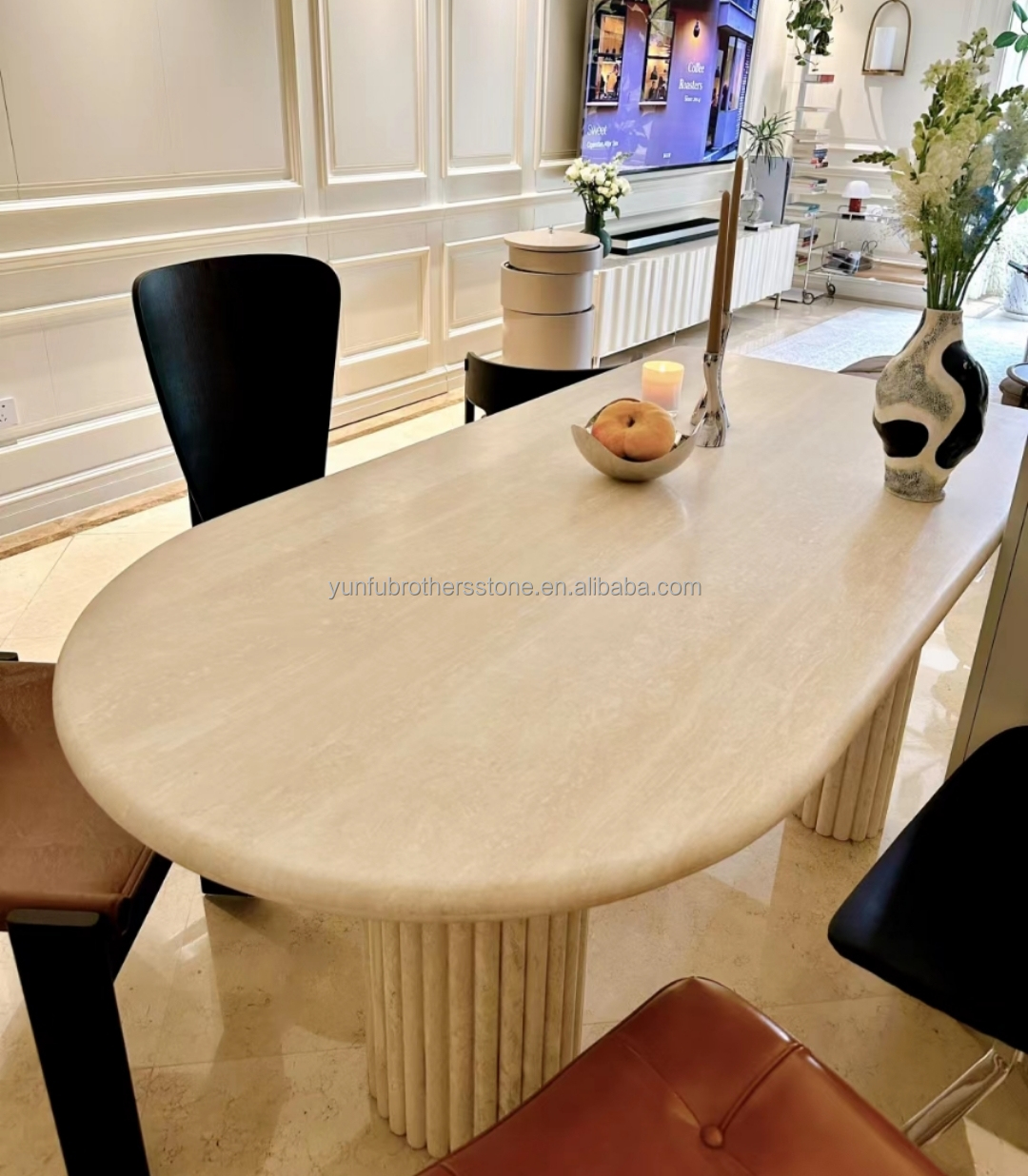 Hotel Marble Travertine Slab Polished Dining Table Modern Natural Stone Oval Furniture